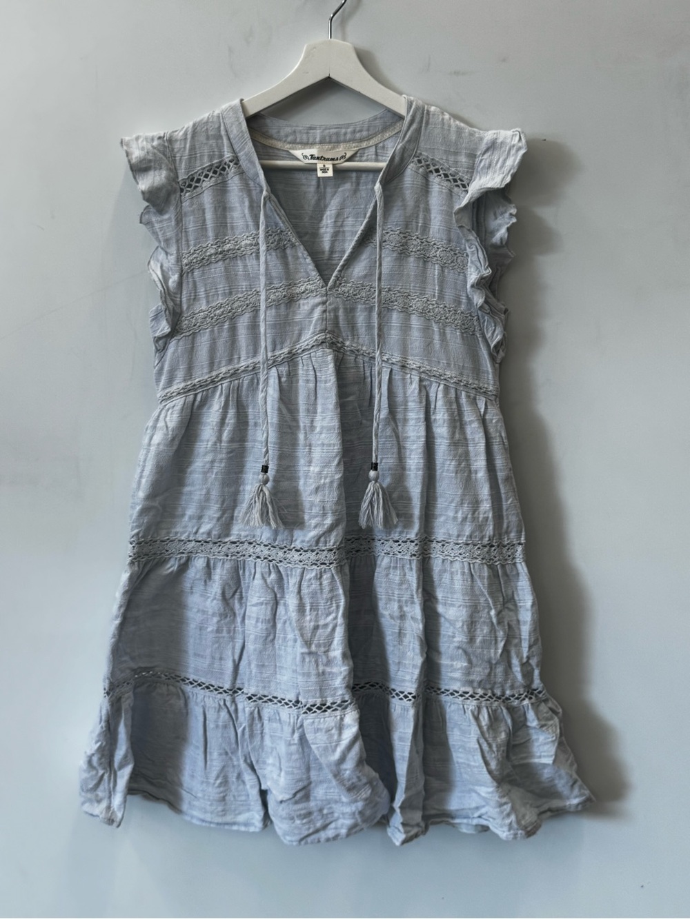 Tantrums Light Blue Cotton Ruffled Tiered Dress with Tassels Size Small